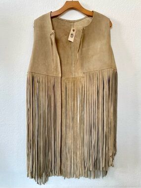 Vintage Suede Fringe 70s Vest Boho Western Festival Coachella Taupe Beige OS